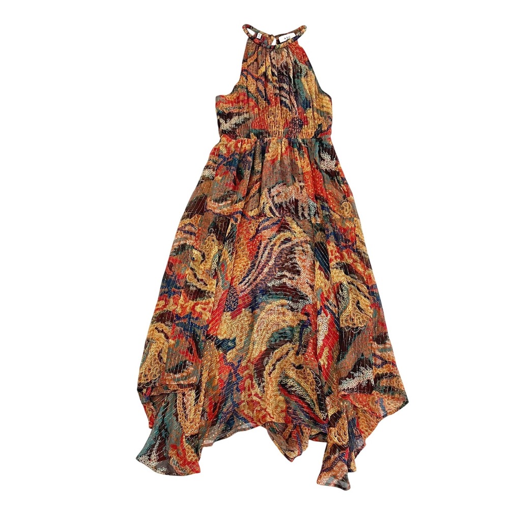 ALC Ellie Silk Halter Midi Dress Metallic Paisley Handkerchief Hem Orange Sz 12
